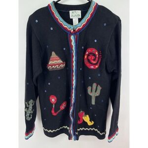 The Quacker Factory Cardigan Women Medium Black Excellent Southwest Embroidered